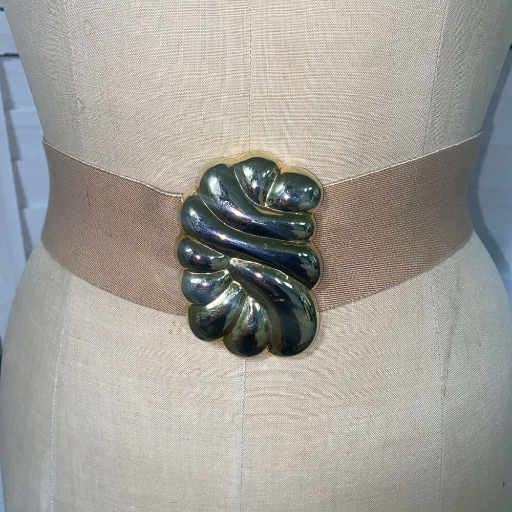 Vintage Pearl Wide Belt Gold Buckle Ecru Tan Elastic Women's Small